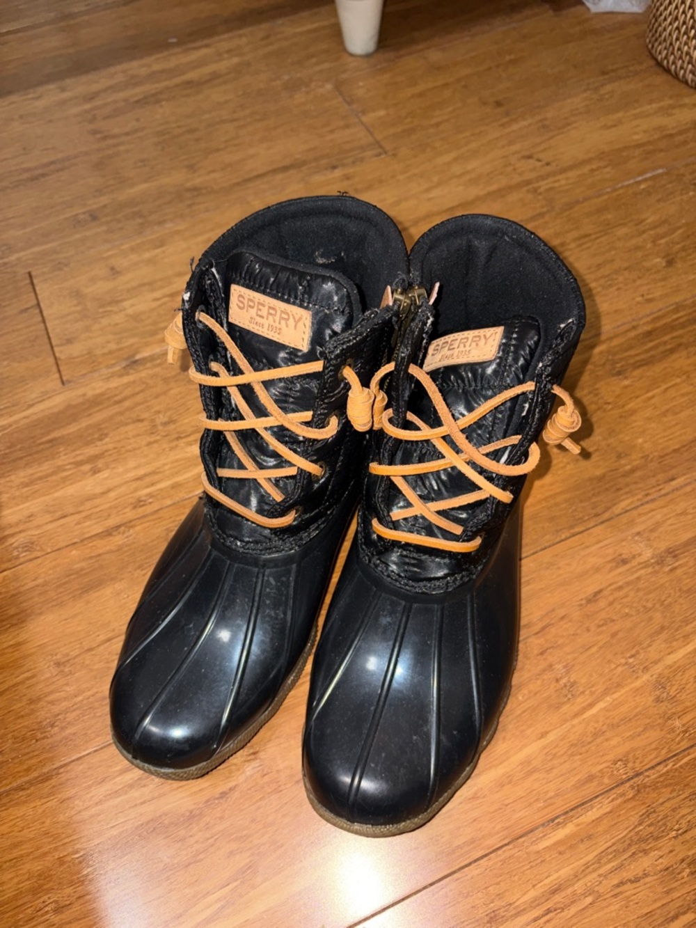 Sperry Black Rain Duck Boots with Tan Laces